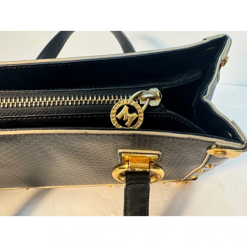 Metrocity Black Monogram Leather Trunk Satchel Bag Gold Studded Hardware